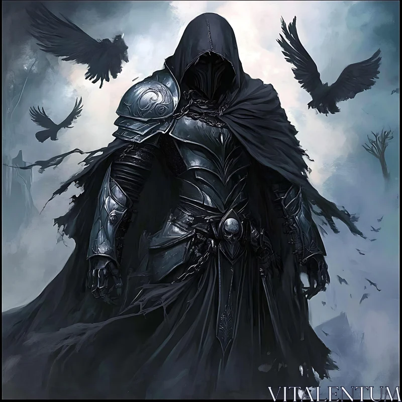 AI ART Cloaked Gothic Warrior with Raven Companions