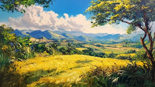 Mountains and Field Landscape Art