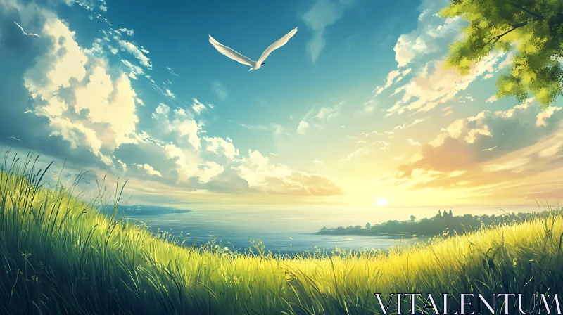 AI ART Tranquil Landscape with Bird Soaring Above