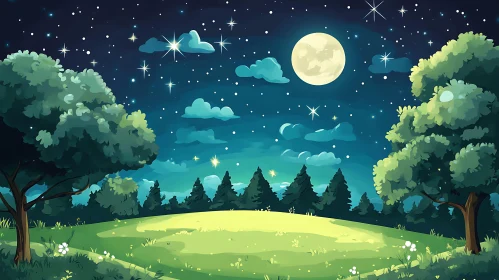 Starry Night Scene with Trees and Moon