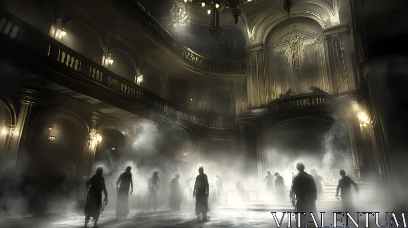 Ethereal Gathering in Shadowy Hall AI Image