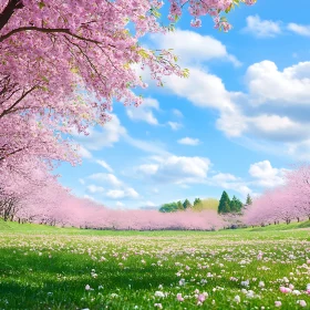 Cherry Blossoms Field with Blue Sky