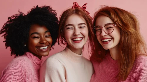 Three Smiling Women Against Pink Backdrop