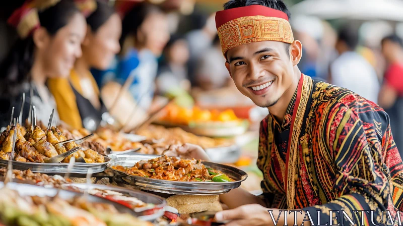 Man Selling Traditional Dishes at Market AI Image