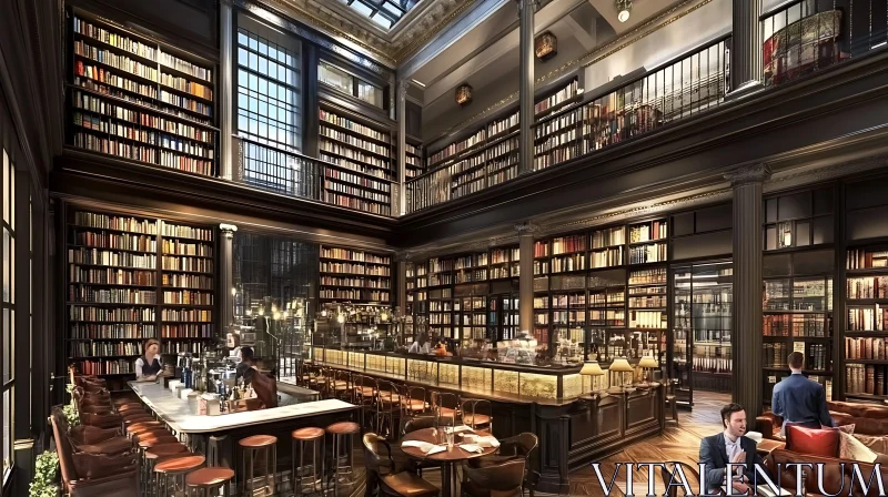 AI ART Classic Library with Bar and Patrons