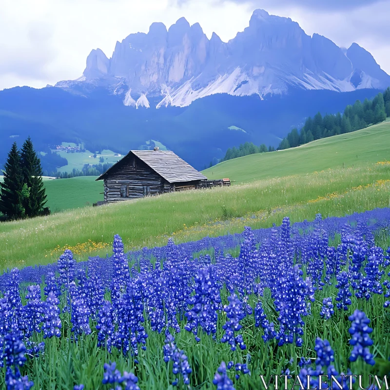 AI ART Scenic Mountain Landscape with Blue Flowers