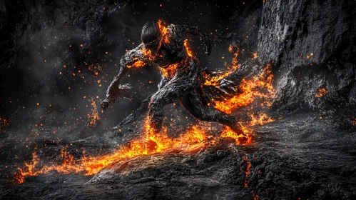 Burning Figure Running Through Rocky Landscape