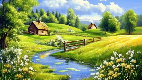 Peaceful Meadow with Cottages and River