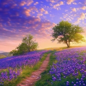 Purple Flowers Field with Trees