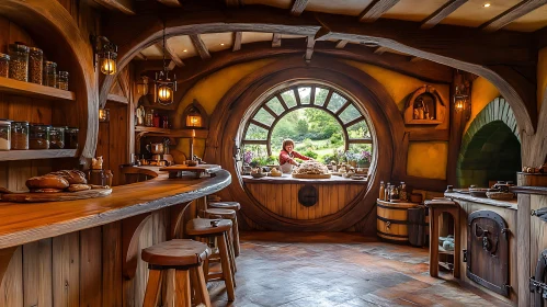 Rustic Kitchen with Round Window View