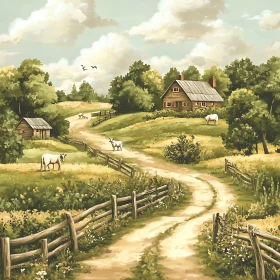 Rustic Farm Painting with Cottage and Animals