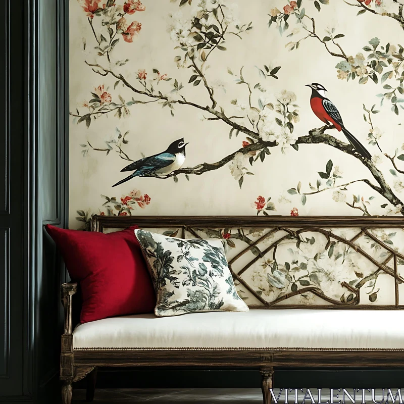 AI ART Vintage Sofa with Floral Wallpaper and Bird Art