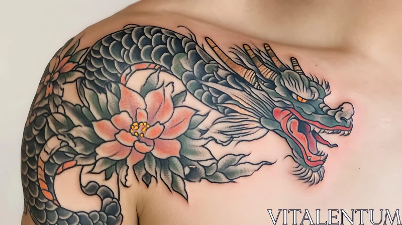 Dragon and Flower Tattoo Art AI Image