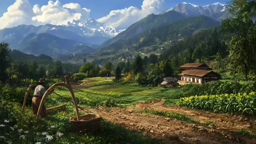 Farmer in a Mountainous Landscape