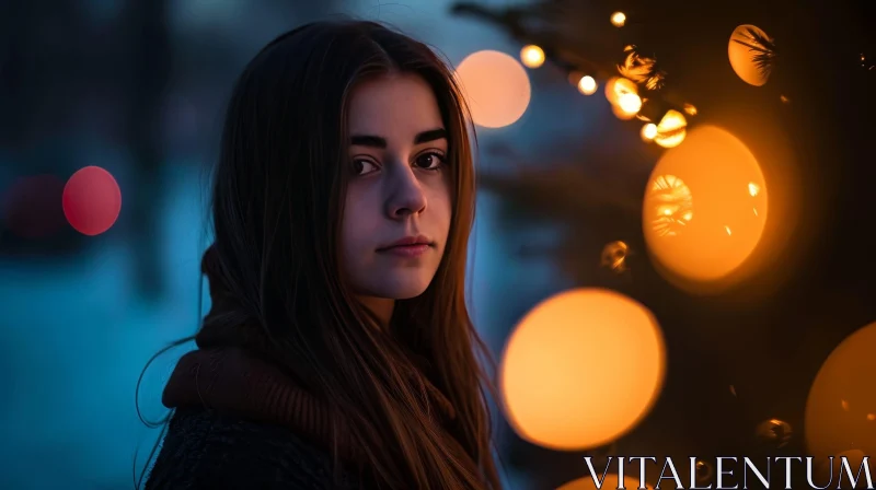Captivating Image of a Young Woman in Front of Christmas Lights AI Image