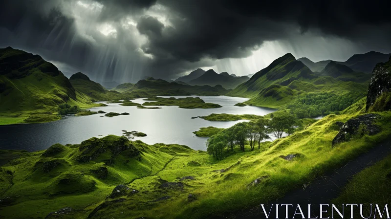 AI ART Captivating Nature Wonders: Dark Stormy Sky over Lush Green Mountains and Lakes