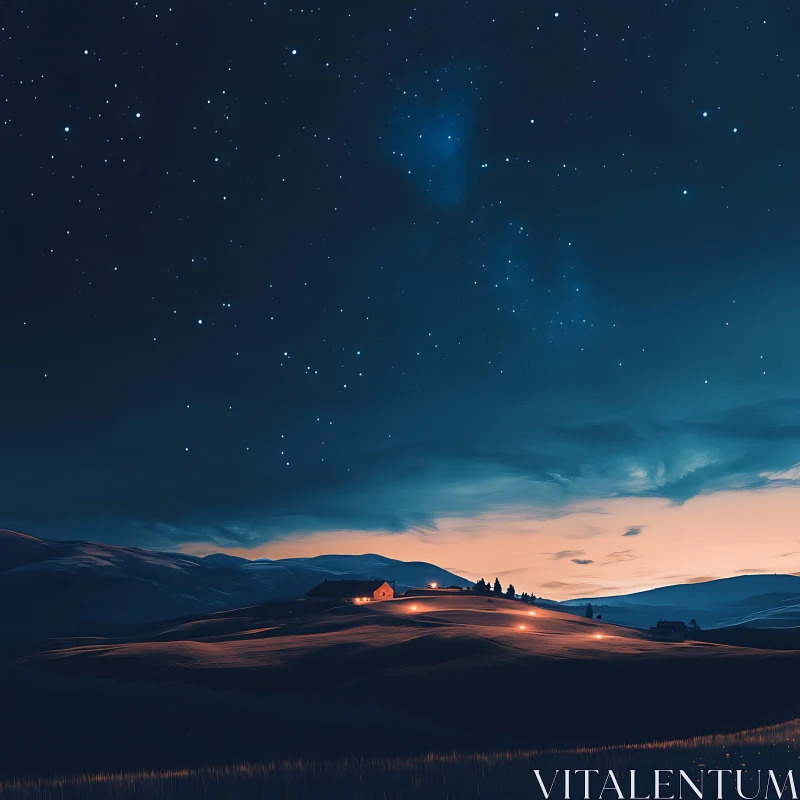 Starry Night Landscape with Cozy House AI Image