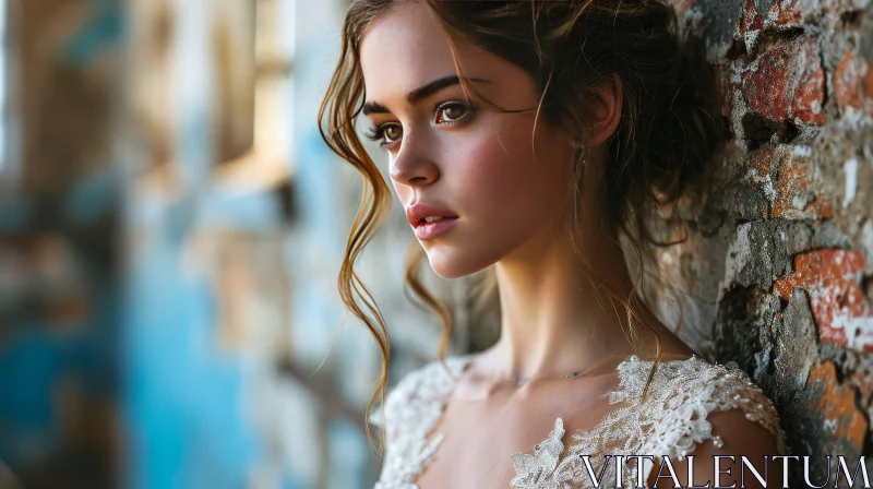 Dreamy Portrait of a Young Woman in a White Lace Dress AI Image