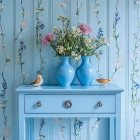 Vases and Birds on Blue Table