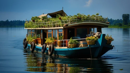 Exotic Boat Floating in Lush Scenery | Cabincore Aesthetic