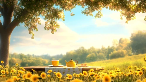 Tea Time Among Sunflowers