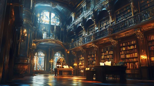 Ornate Library Interior with Reader