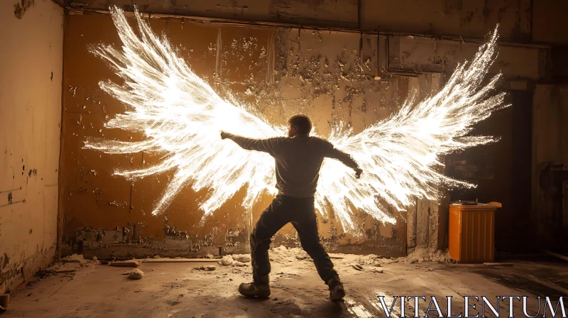 Illuminated Wings in Abandoned Room AI Image