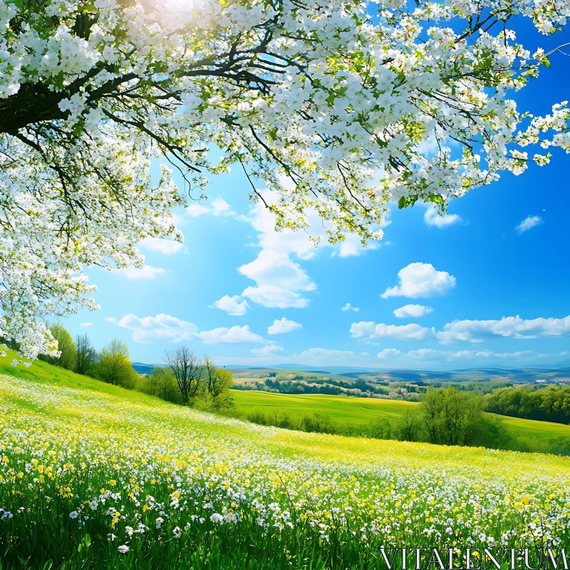 AI ART Spring Meadow with Flowers and Blue Sky