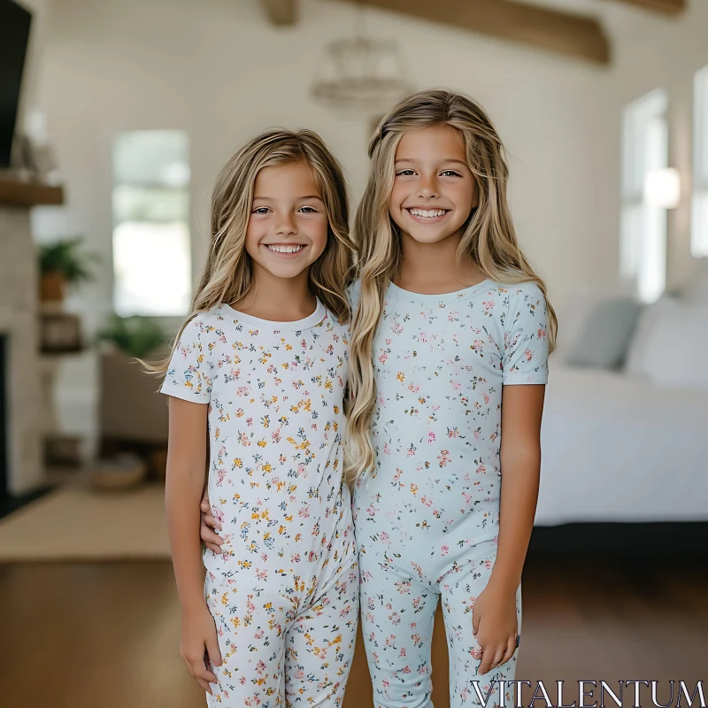 AI ART Two Smiling Girls in Matching Sleepwear