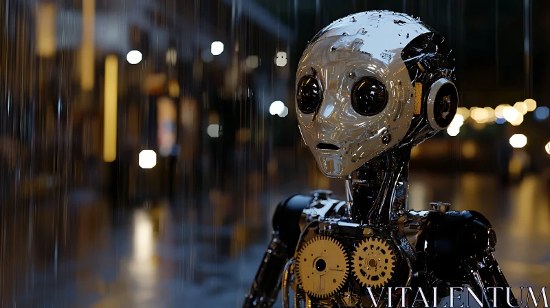 AI ART Chrome Robot in Rainy City