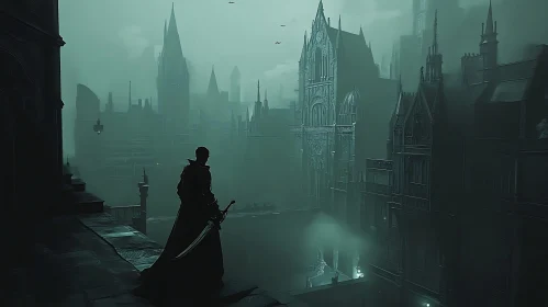 Misty Gothic City with Lone Warrior