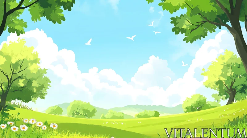 AI ART Green Field and Blue Sky Scenery