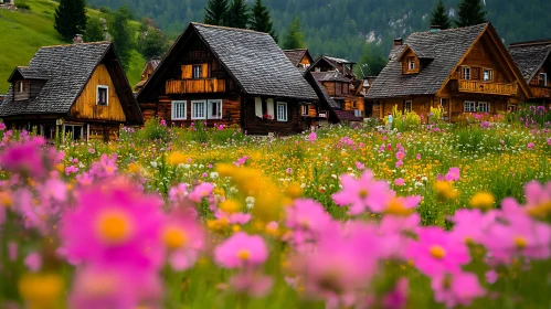 Scenic Flower Field and Houses