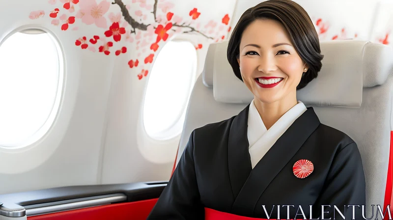 Smiling Woman on Aircraft with Floral Decor AI Image