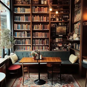 Serene Library Interior With Wooden Table