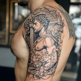 Classical Bust Tattoo with Floral and Architectural Elements