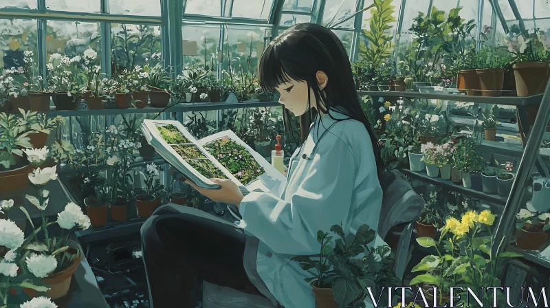 Botanical Study in a Sunlit Greenhouse AI Image