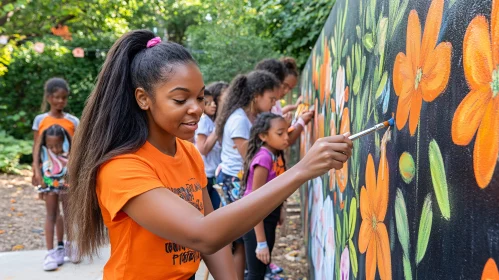 Group Art Activity with Children Painting a Flower Mural