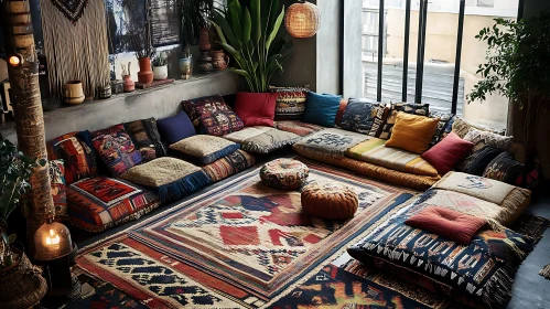 Cozy Interior with Cushions and Rugs