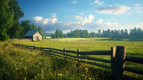 Rural Landscape with Wooden Fence