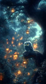 Lantern-Lit Owl in Magical Forest