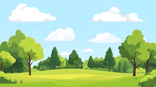 Cartoon Landscape with Trees and Clouds