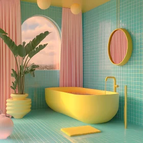 Yellow Bathtub in Pastel Bathroom