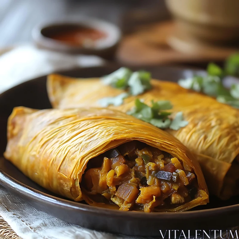 Mexican Tamales on a Dark Plate AI Image