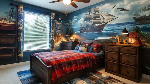 Themed Bedroom with Pirate Ship Mural