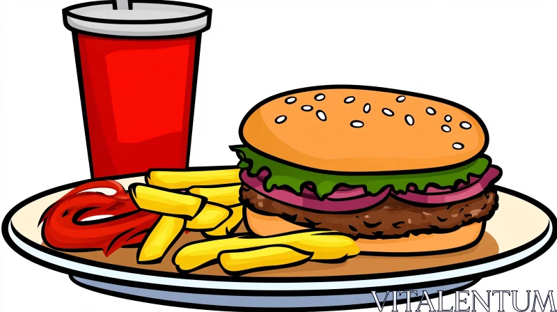 Fast Food Meal Cartoon: Burger, Fries, and Drink AI Image