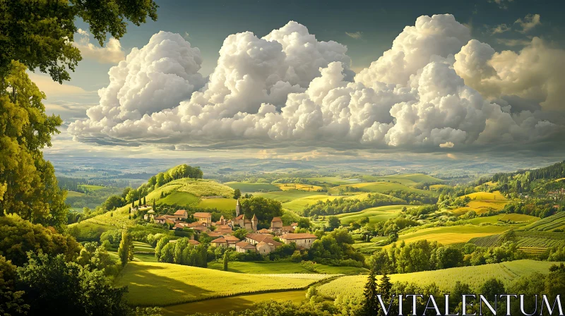 AI ART Green Hills and White Clouds Over Village