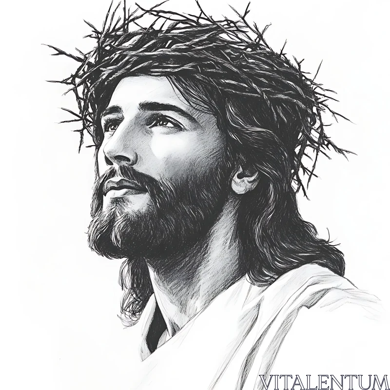 Monochrome Sketch of Jesus with Crown AI Image