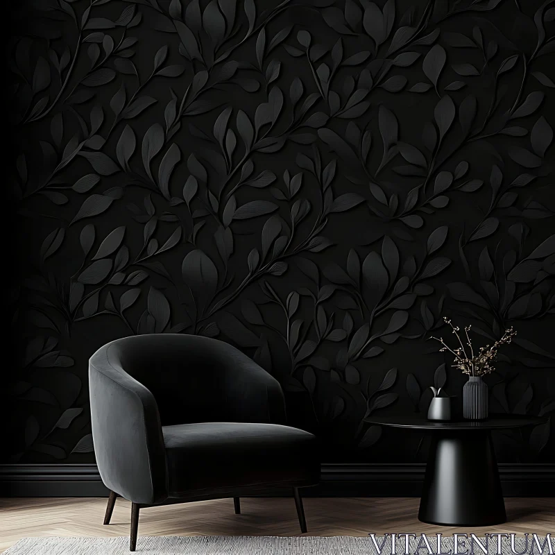 AI ART Monochrome Room Design with Leafy Wallpaper