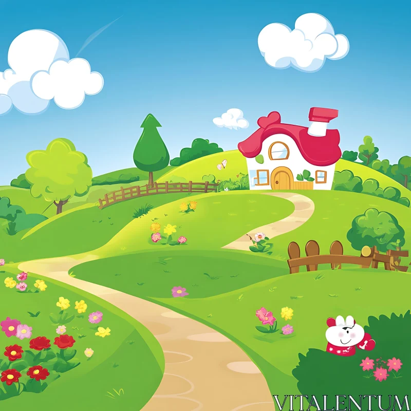 Whimsical Cartoon Landscape with Red Roof House AI Image